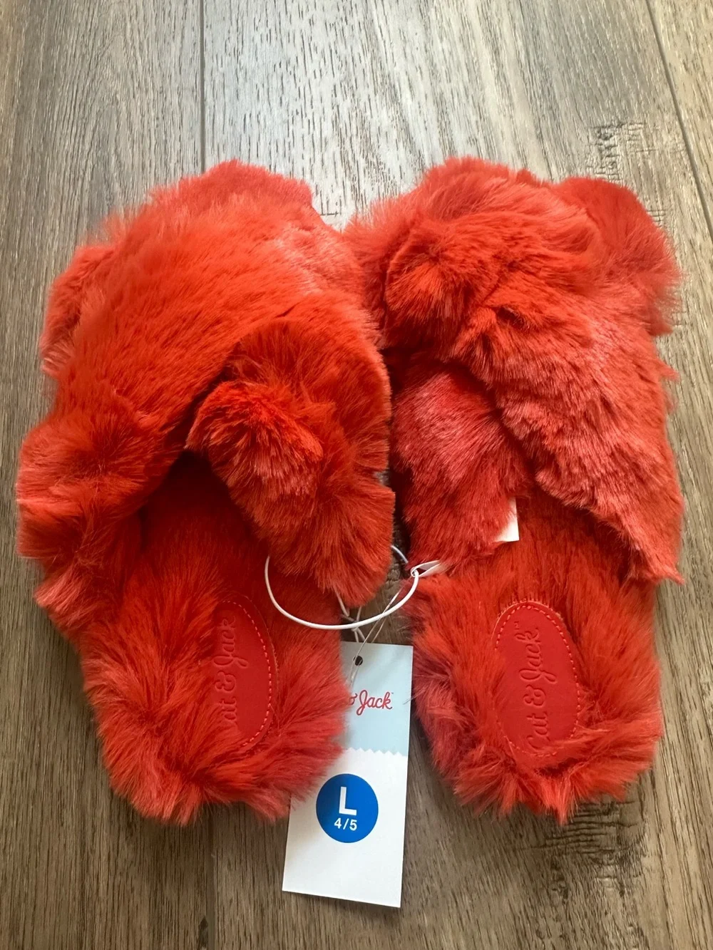 NWT! Cat & Jack Kid’s Slide Slippers, Criss Cross, Red/Orange, Faux Fur, L 4/5
